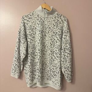 Aerie Oversized Leopard Print Quarter Zip Sweater Light Gray Women Size M